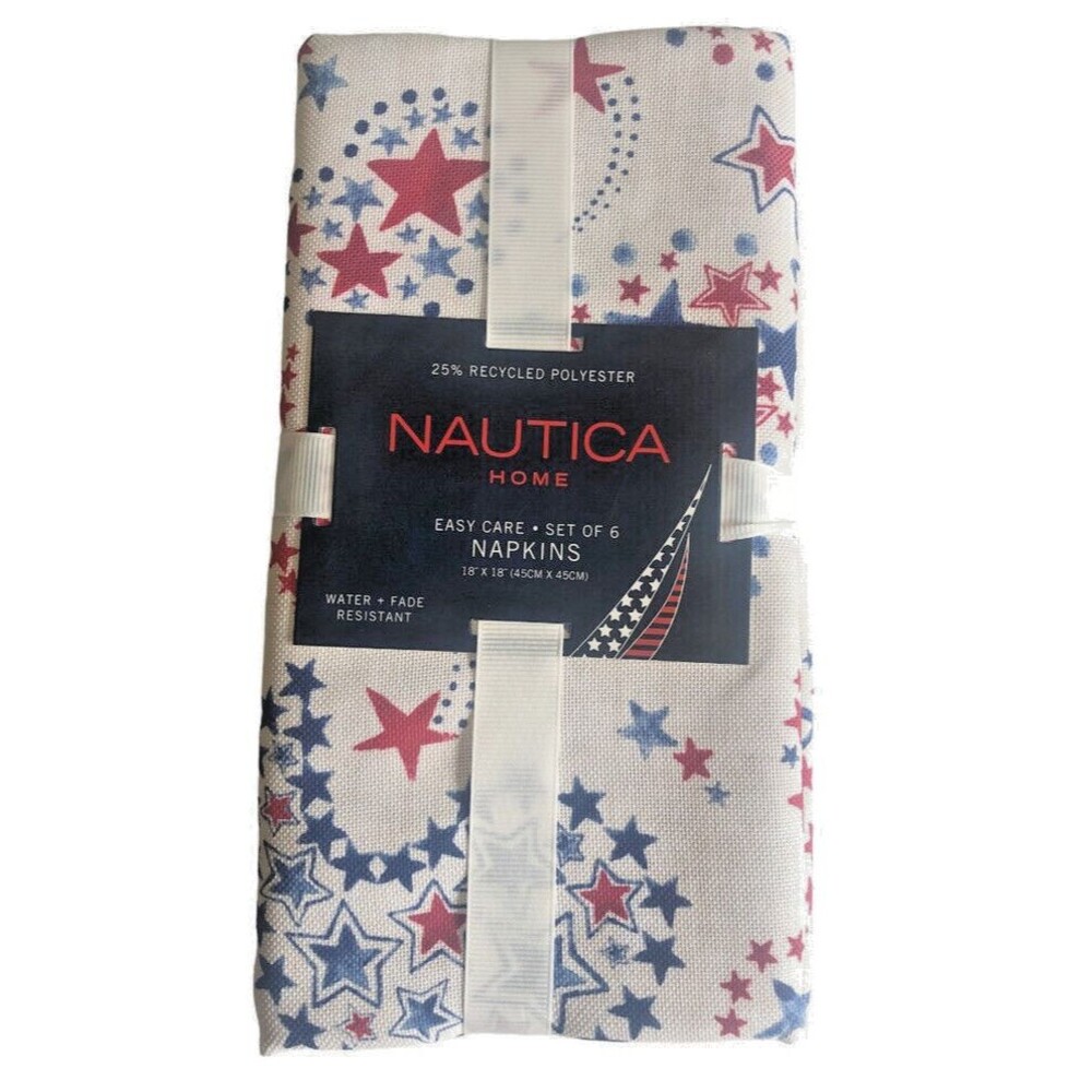 Nautica July 4th Fabric Cloth Napkins Set of 6 White with Red Blue Stars 18x18